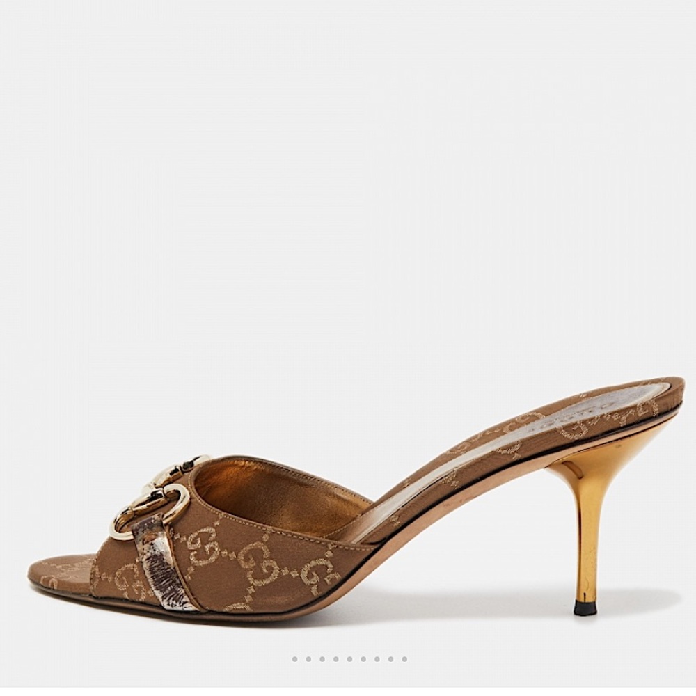 GUCCI Crystal Horsebit GG Heeled Monogram Gold Stiletto Mules size 8 & dust bag - Picture 3 of 17